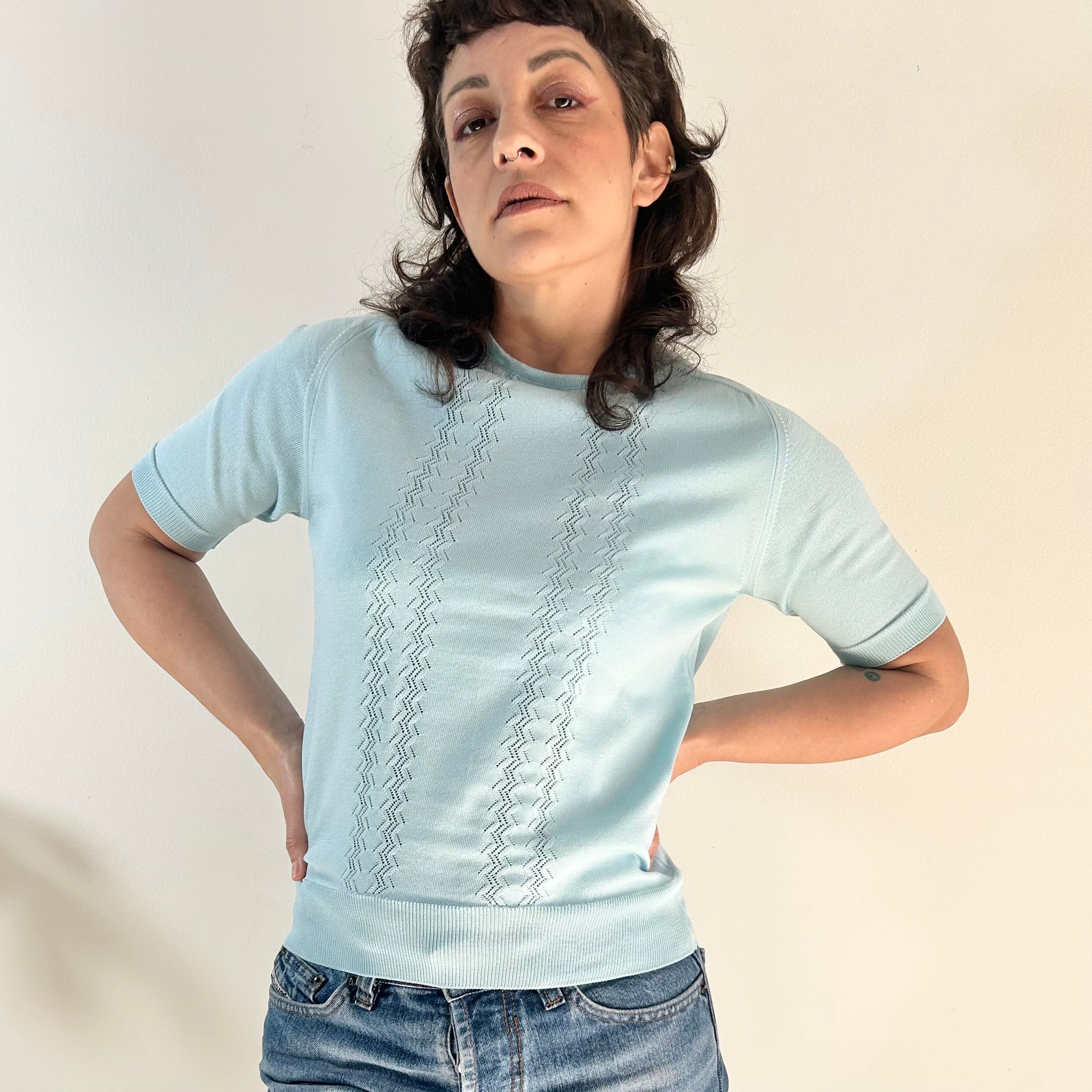 70s Blue Pointelle Knit Top