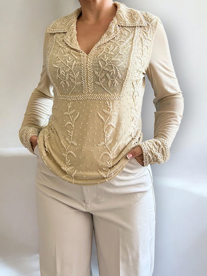 Vintage See Through Beaded Long Sleeve Shirt