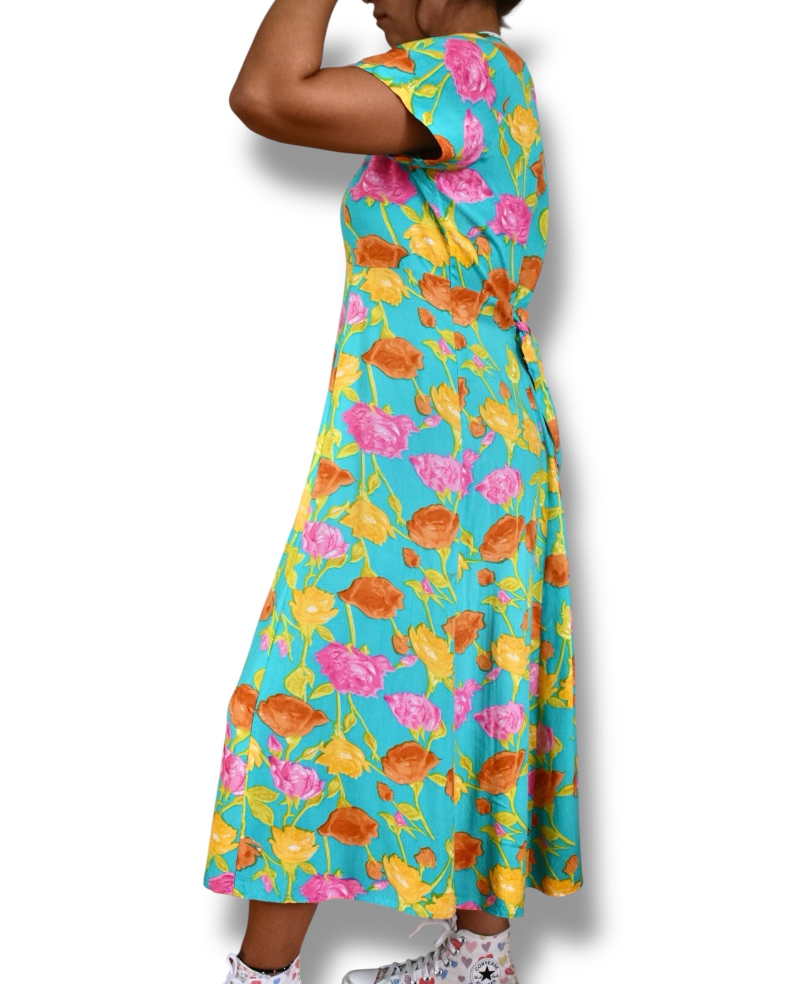 Vintage Midi Dress – Turquoise with Floral Print