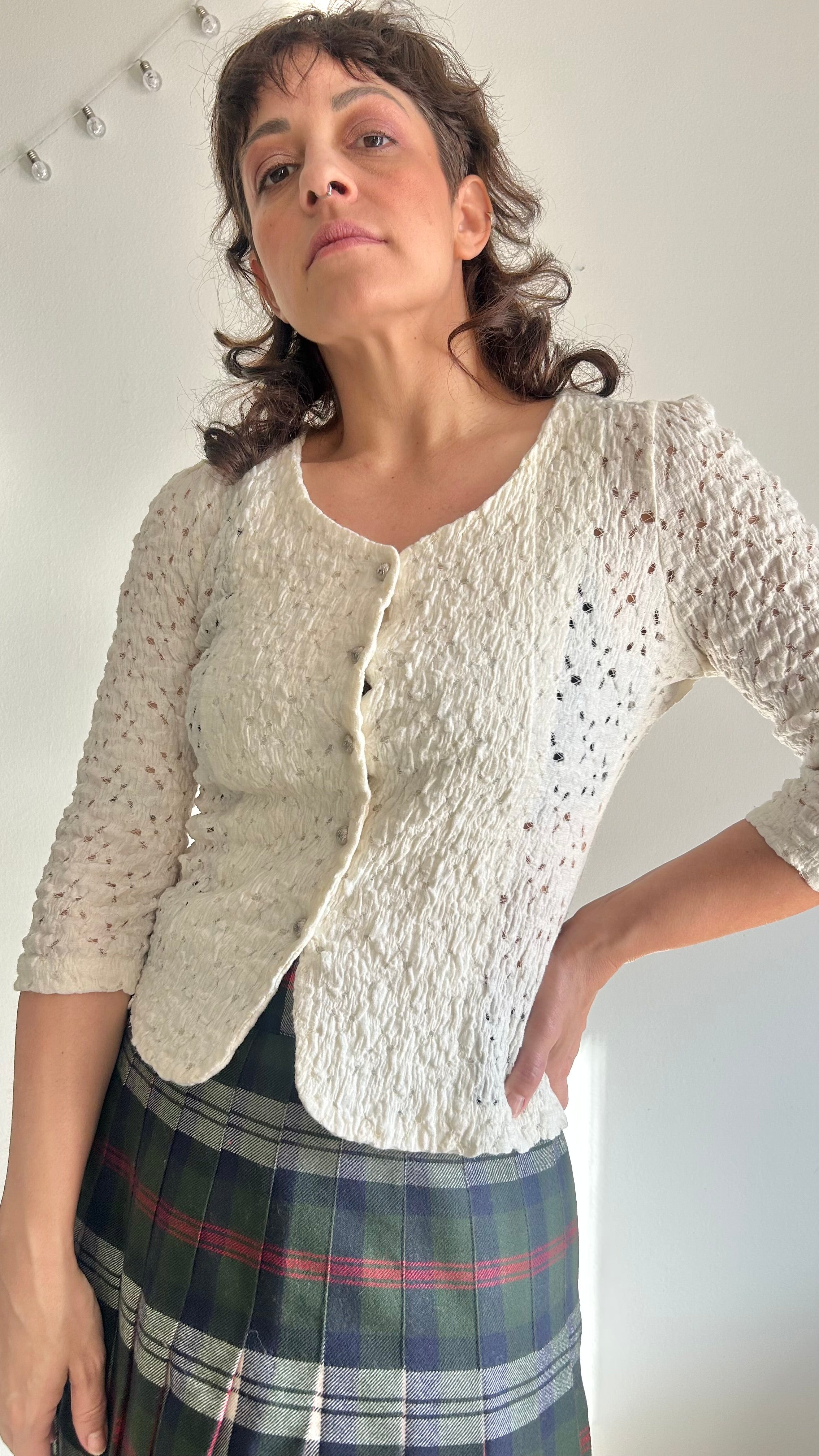 Vintage Cream Crinkle Textured Blouse