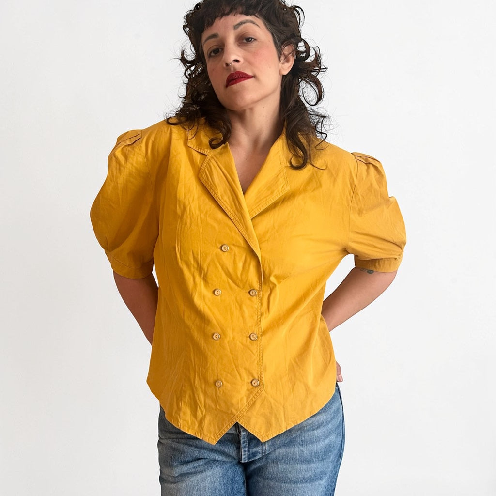 Vintage Mustard Puff-Sleeve Blouse