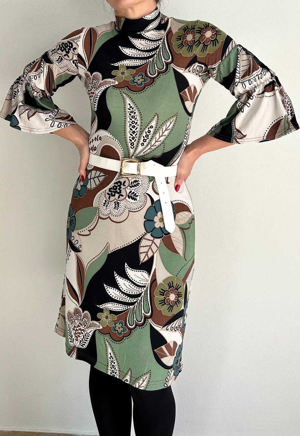 Y2K Dress – 100% Rayon – Green, Brown & White – 3/4 Sleeves