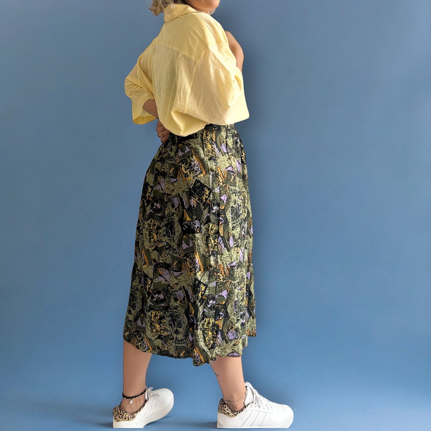 Vintage Patterned Midi Flared Skirt