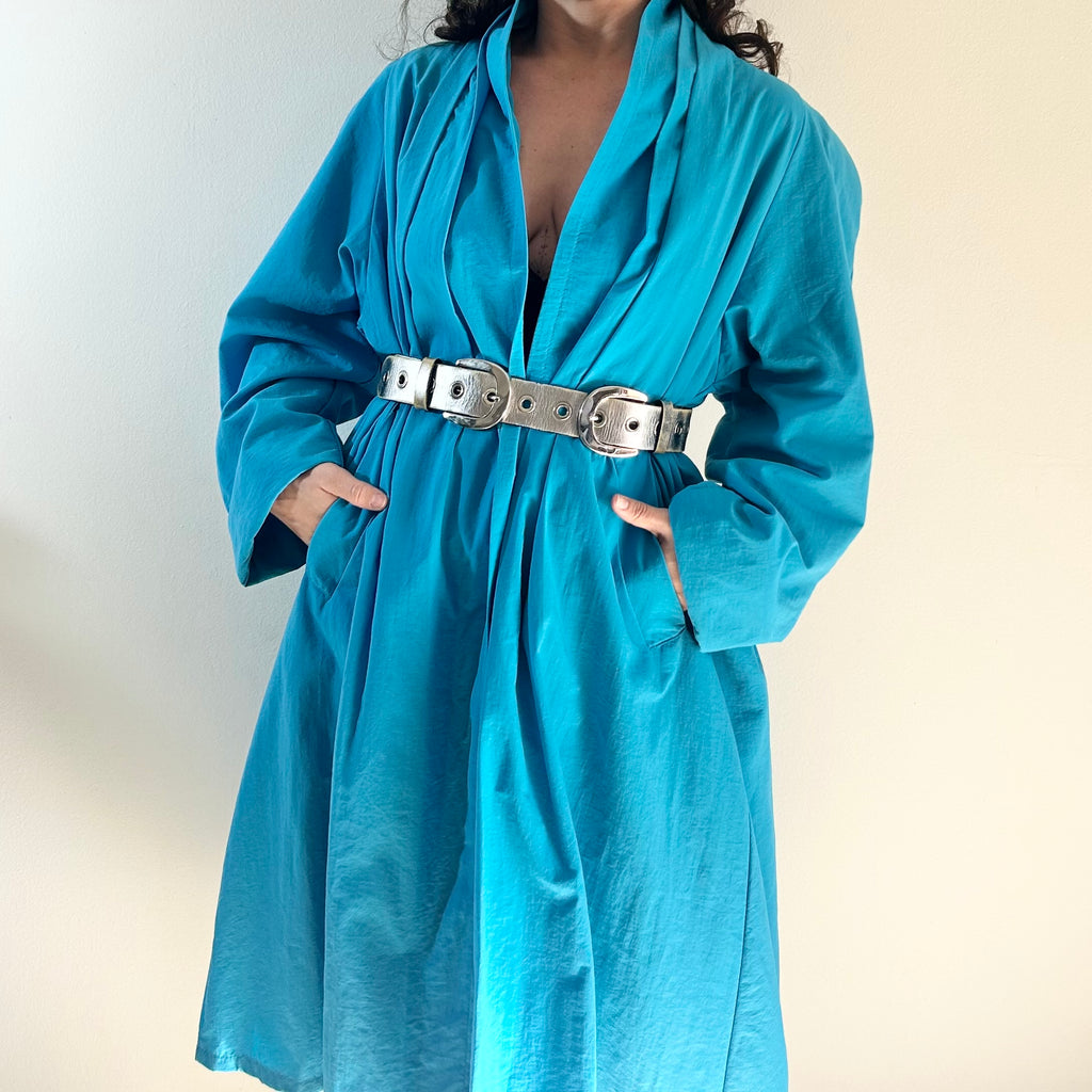 90s Teal Avant-Garde Pleated Duster Coat