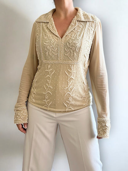 Vintage See Through Beaded Long Sleeve Shirt