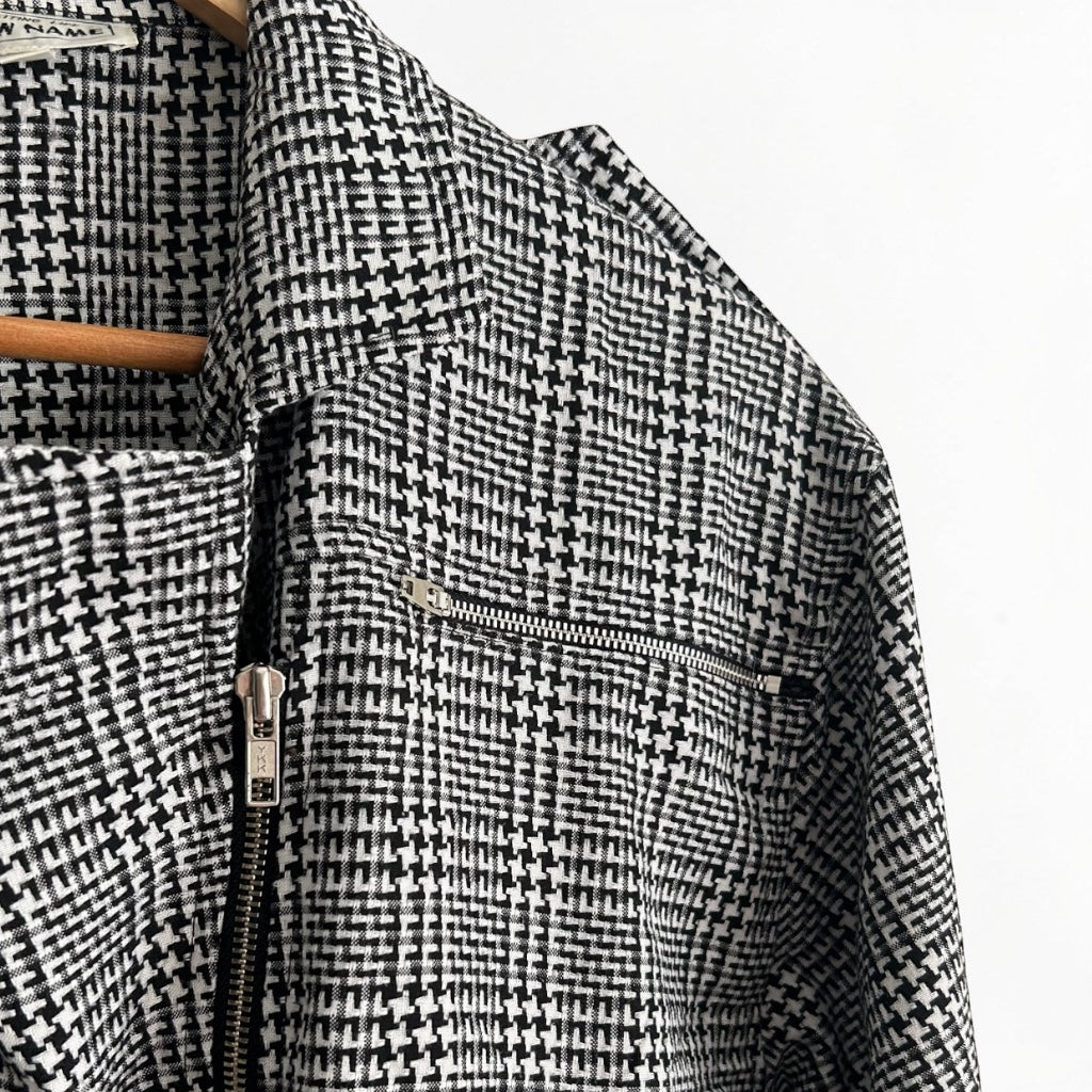 80s Houndstooth Plaid Moto Jacket • Padded Shoulders • Belted Waist