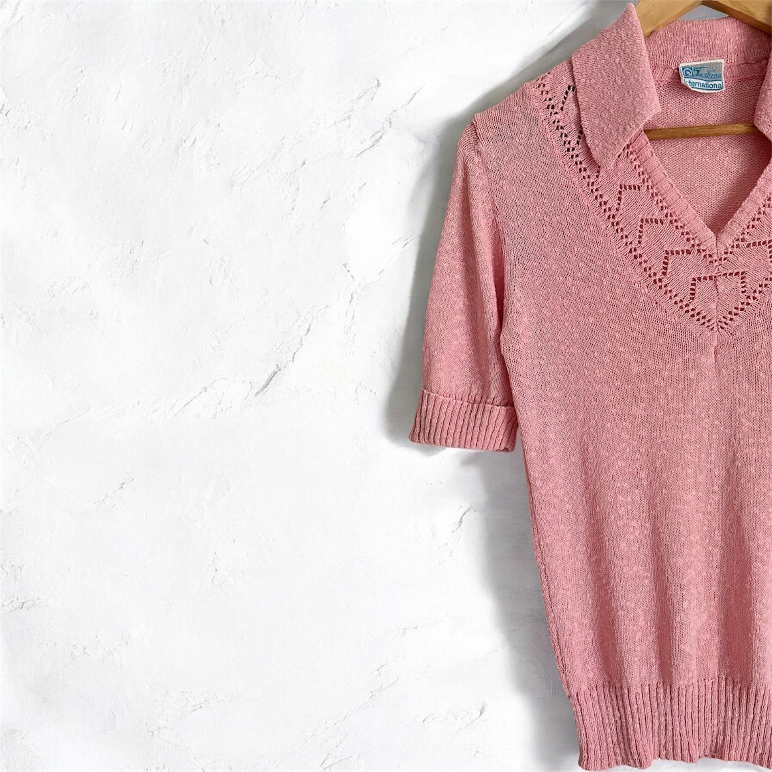 Vintage Romantic Pointelle Knit – Dusty Pink Polo Sweater