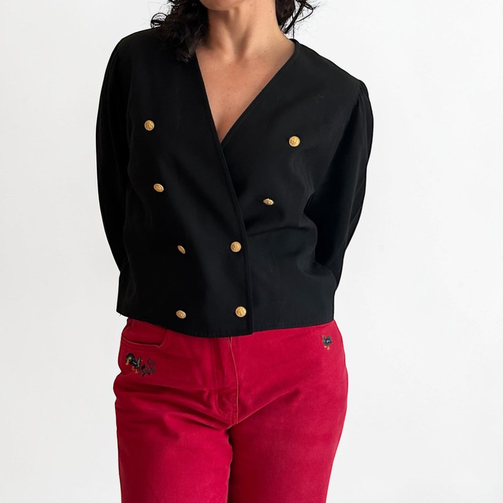 90s Cropped Black Blazer • Double-Breasted Gold Buttons