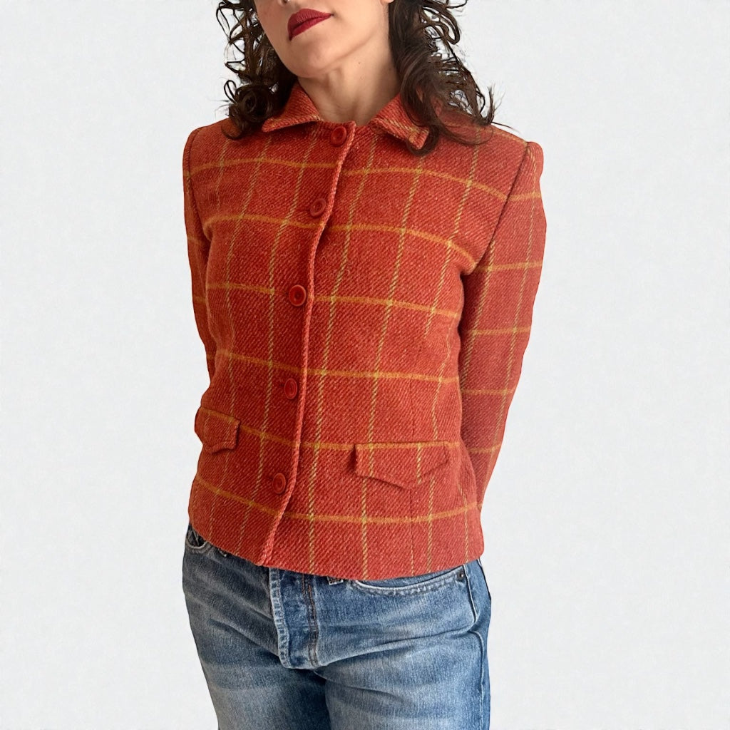 Cyrillus Paris 100% Virgin Wool Orange Plaid Jacket