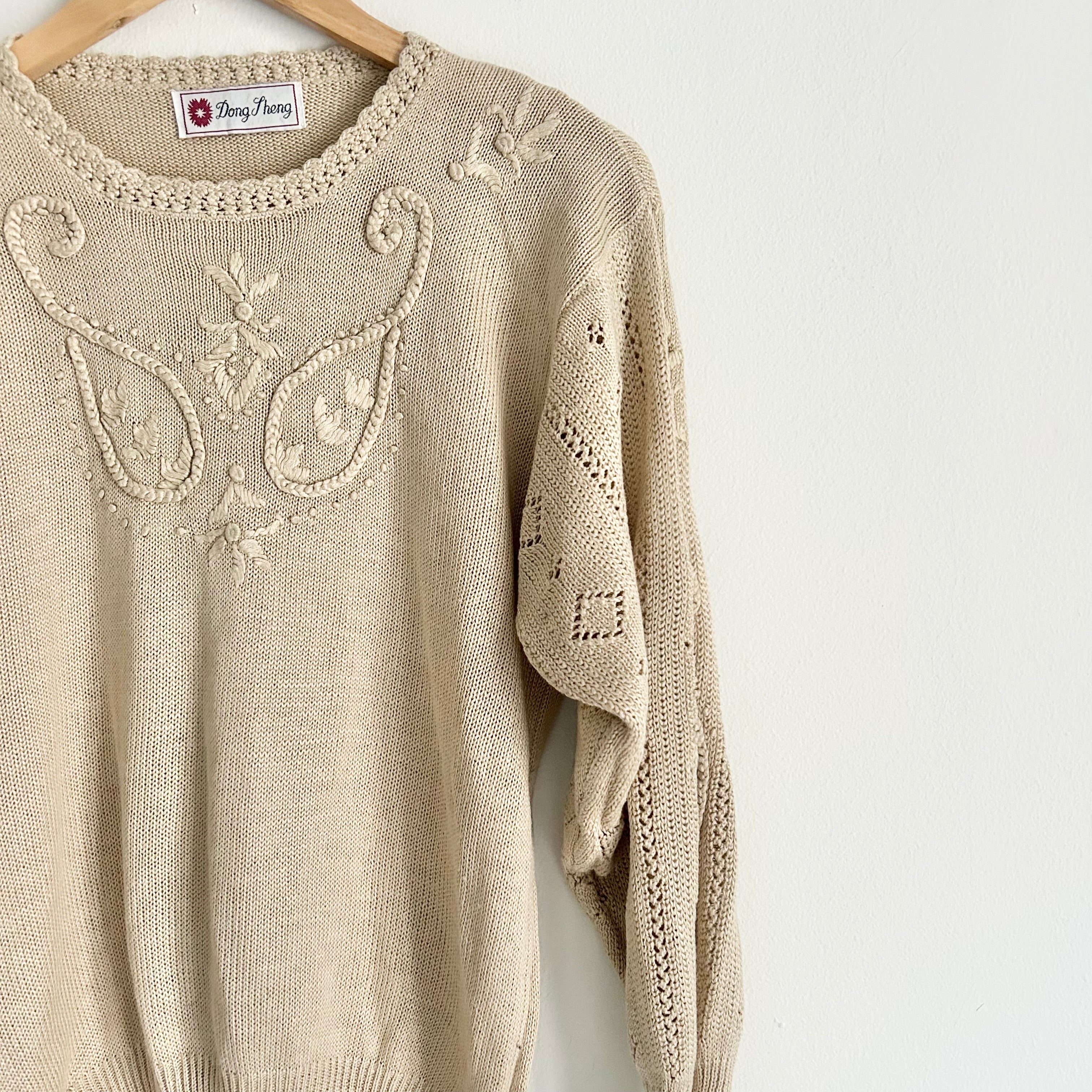 Vintage Warm Beige Crochet Detail Knit