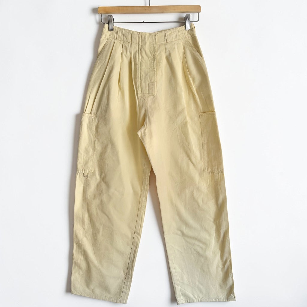 90s Butter Yellow Pleated Utility Cargo Trousers • Wide Leg