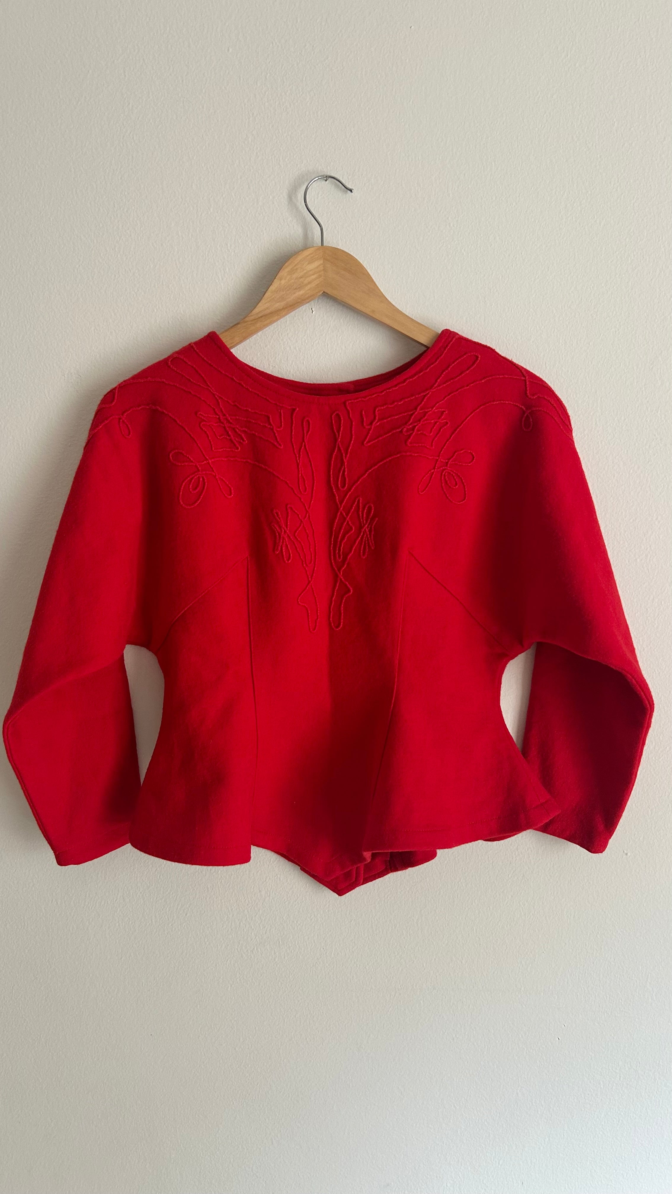 80s Sculptural Red Wool-Blend Blouse