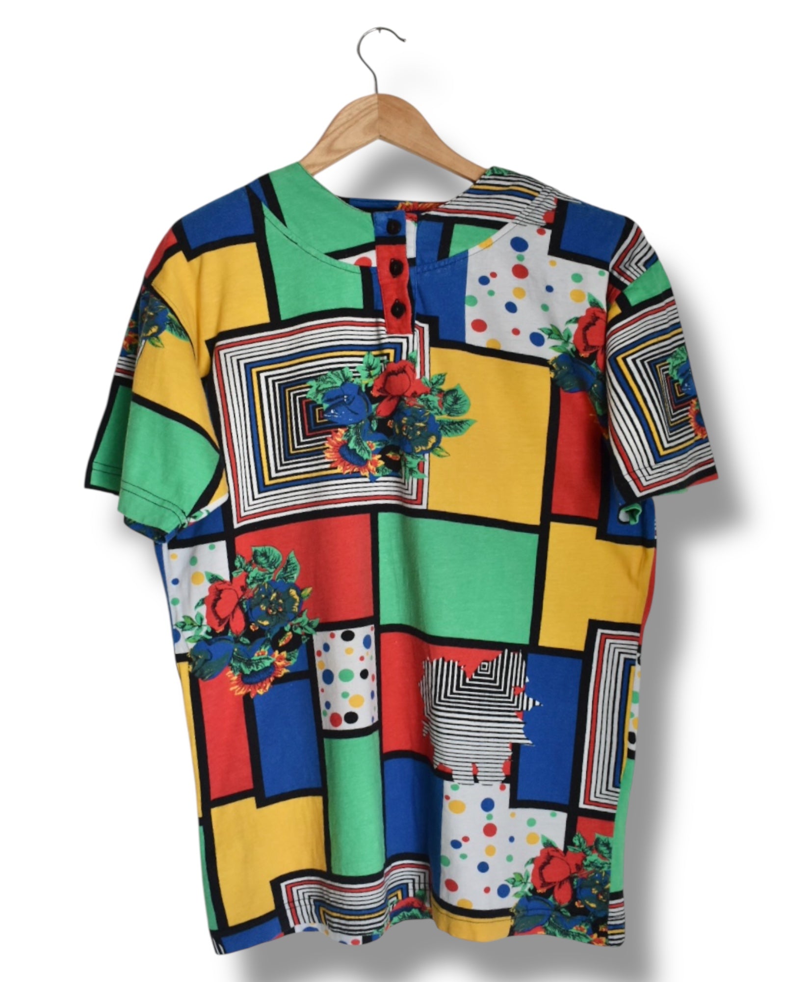 Vintage T-Shirt – Color Block & Pattern Mix with Shoulder Pads