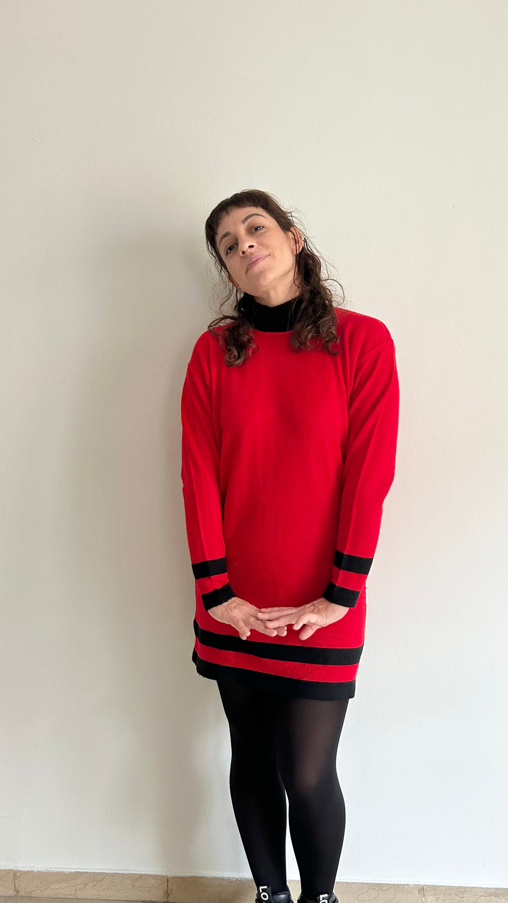 Vintage Red Knit Mini Dress with Black Details