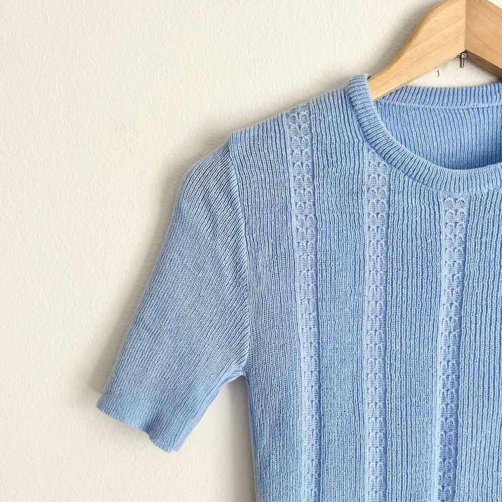1970s Sky Blue Pointelle Ribbed Knit Top