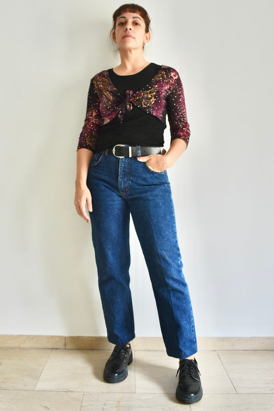 Y2K Black Sleeveless Top with Sheer Printed Bolero