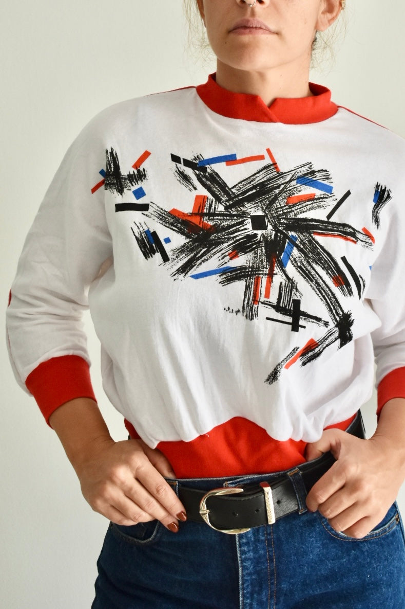 Vintage White 3/4 Sleeve Women’s Shirt with Red Details