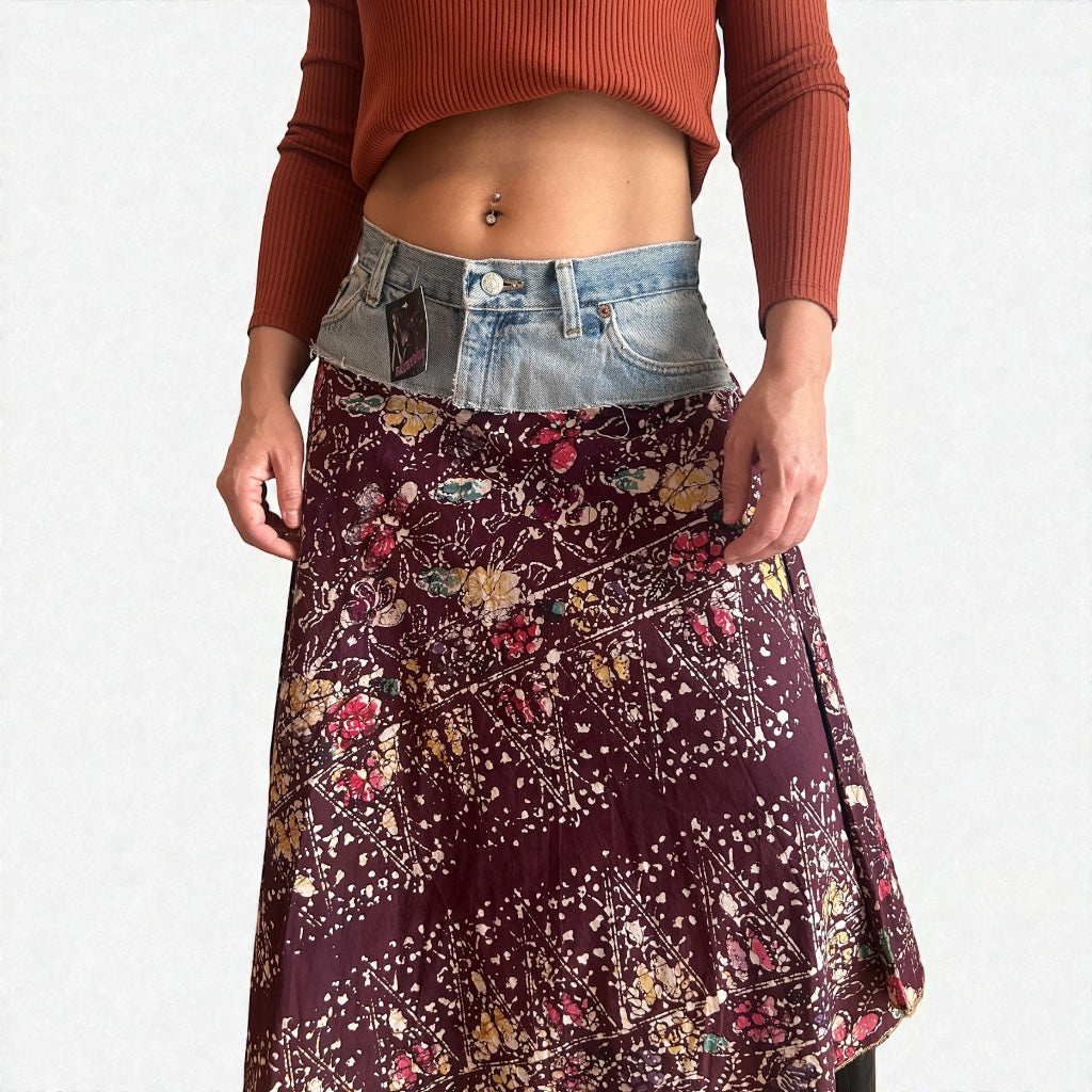 Vintage Y2K Denim & Batik Flare Skirt