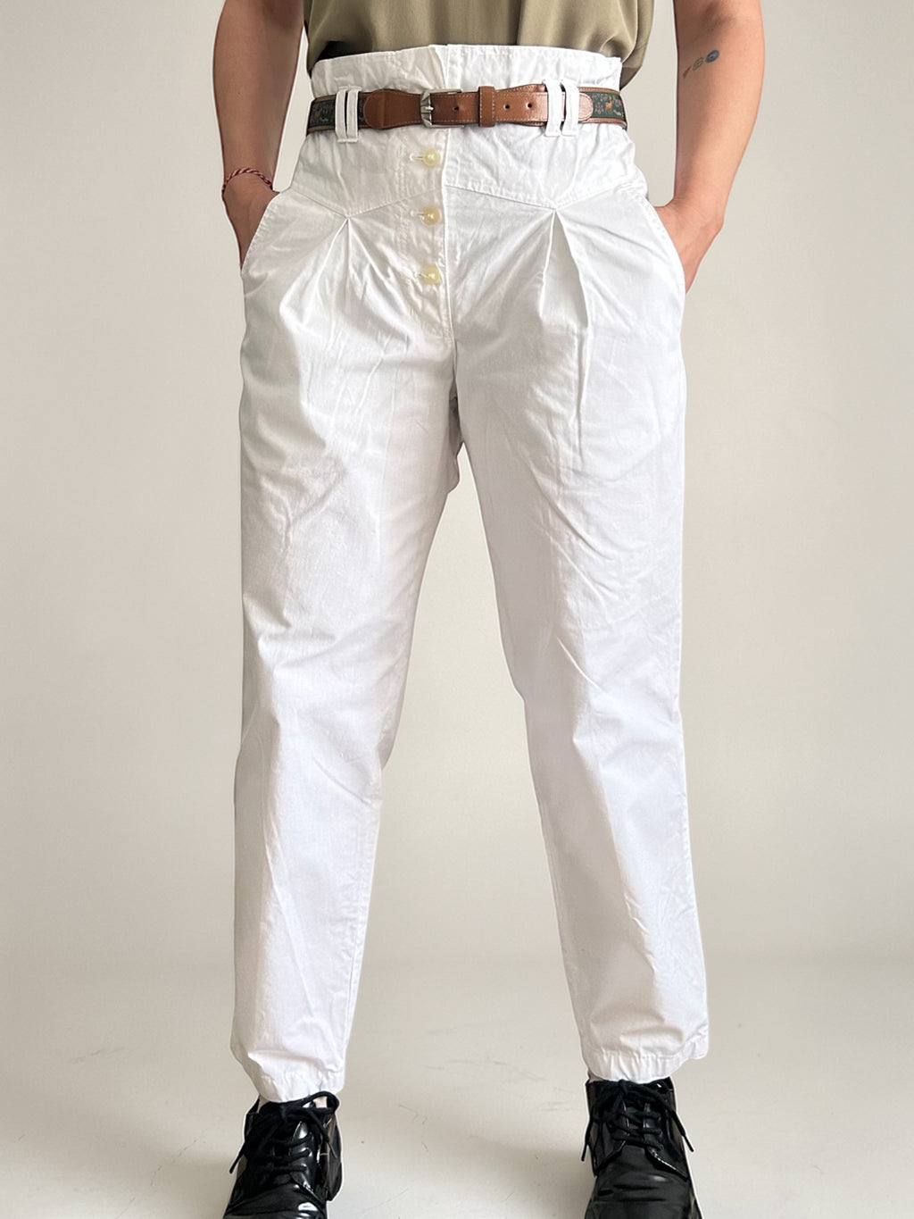 Vintage High-Waisted White Cotton Trousers