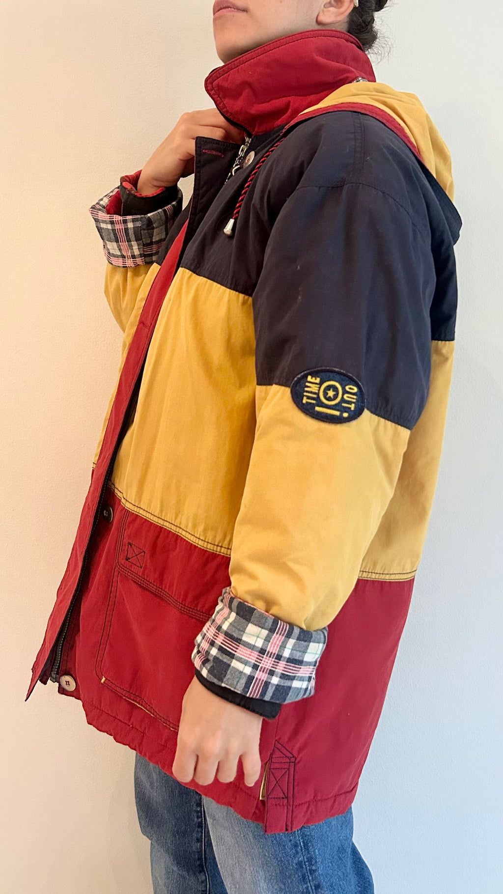 1980s Padded Hooded Jacket – Red, Yellow & Navy – Color Block Coat