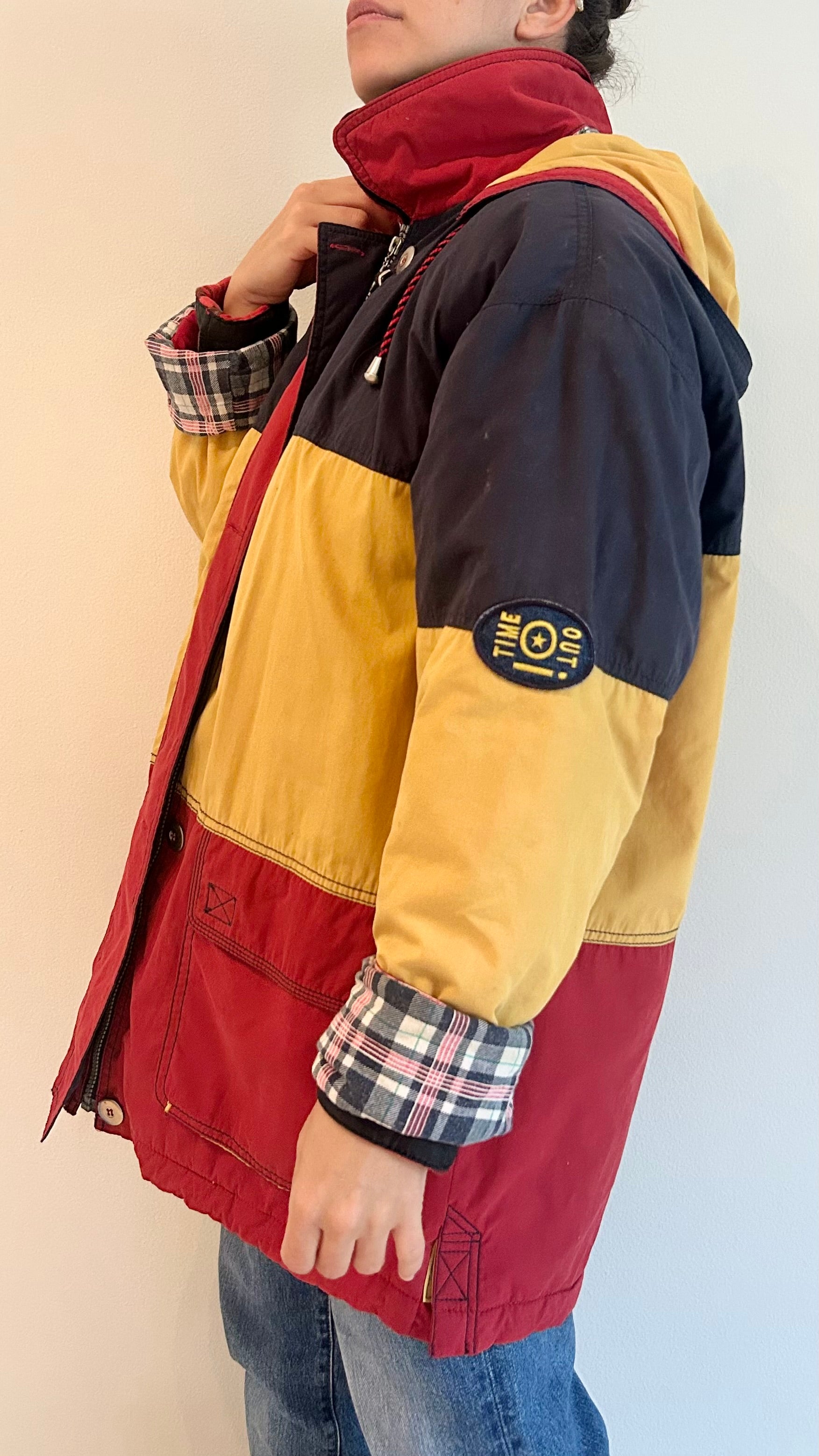 1980s Padded Hooded Jacket – Red, Yellow & Navy – Color Block Coat