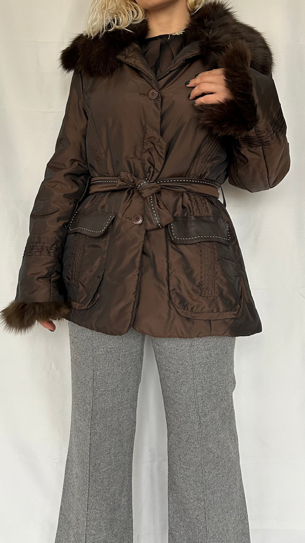 Vintage 2000s Brown Nylon Puffer Coat with Real Fox Fur Collar & Cuffs