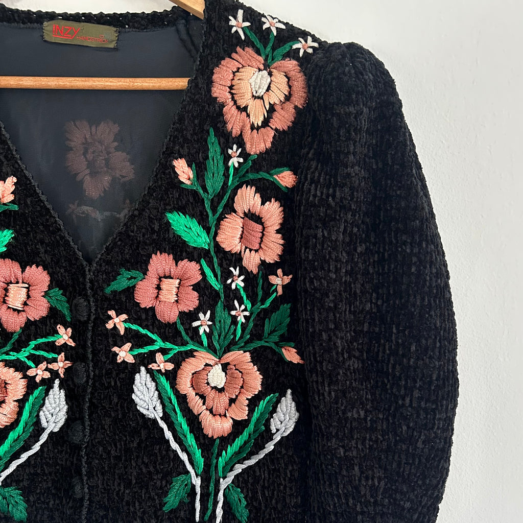 Handmade Black Chenille Floral Cardigan