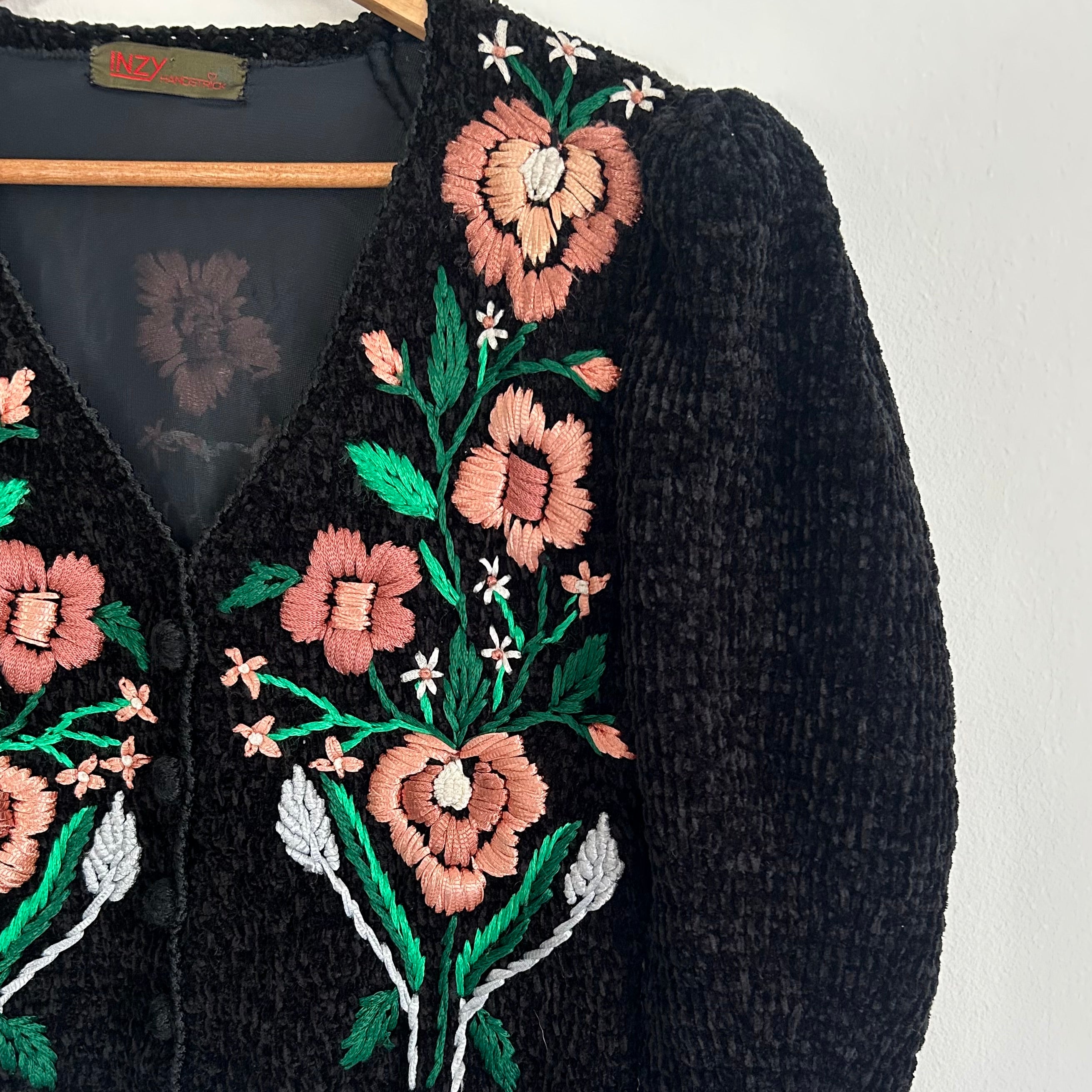 Handmade Black Chenille Floral Cardigan