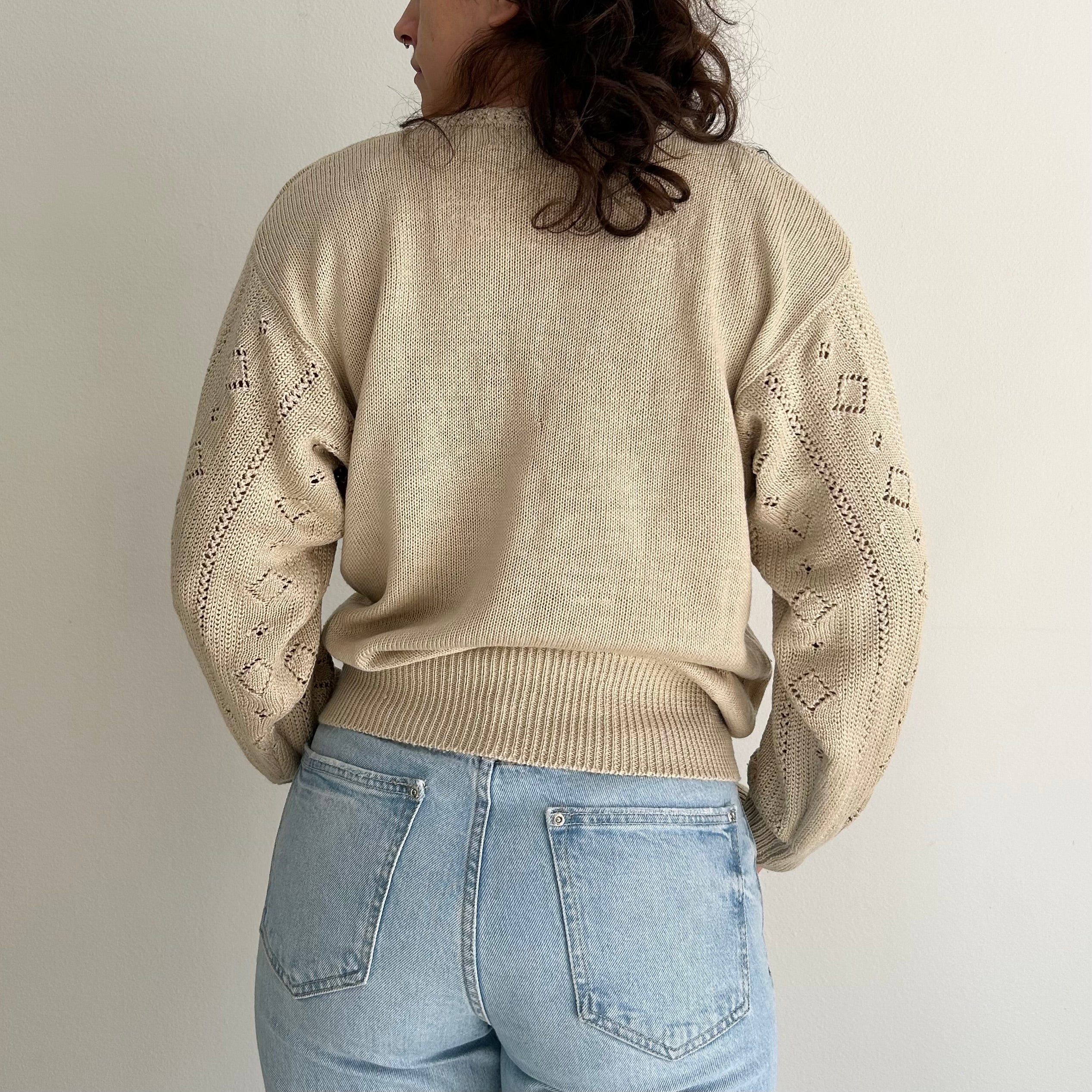 Vintage Warm Beige Crochet Detail Knit