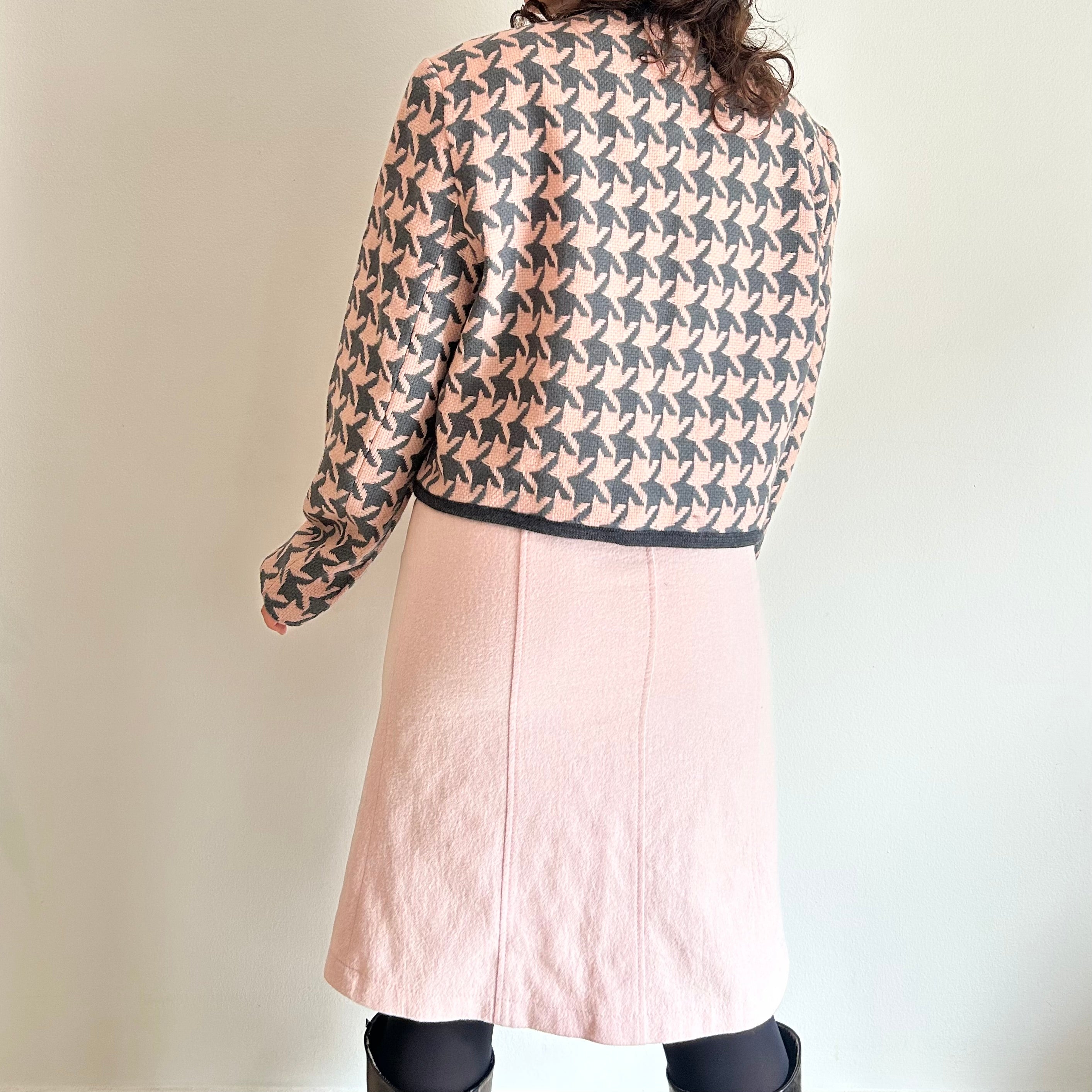 Vintage "Andres" Designer Bolero – Textured Starburst Houndstooth in Grey & Soft Pink