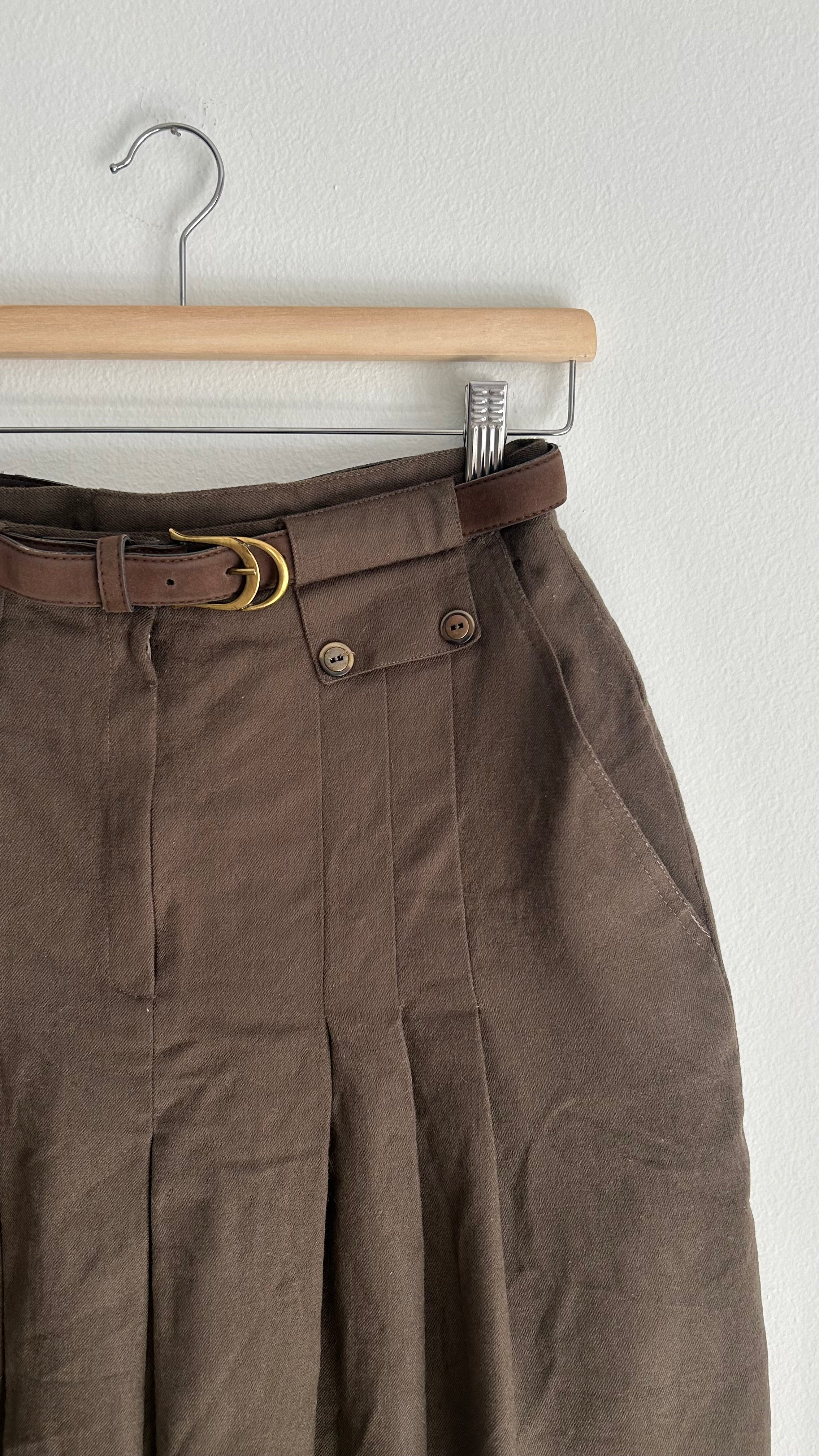 Vintage Wool Midi Skirt – Dark Brown Pleated with Belt (S–M)