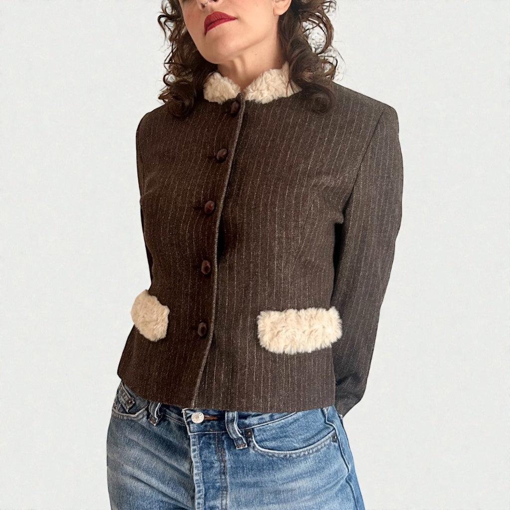 90s Wool Blend Pinstripe Jacket - Faux-Fur Accents