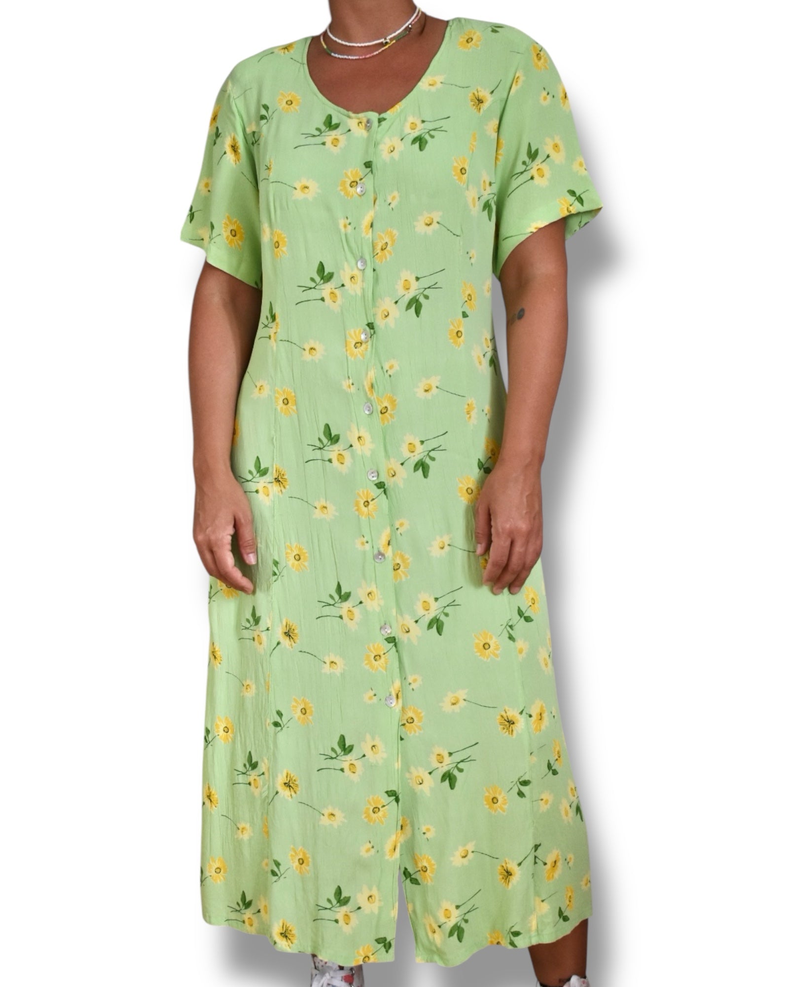 Vintage 80s/90s Green Floral Midi Dress – 100% Viscose