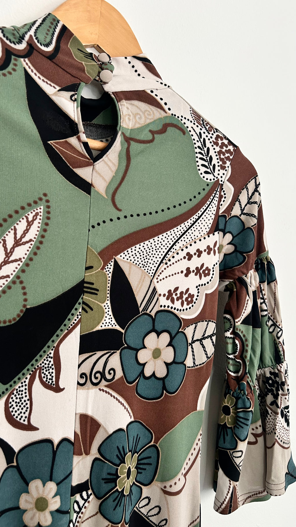 Y2K Dress – 100% Rayon – Green, Brown & White – 3/4 Sleeves