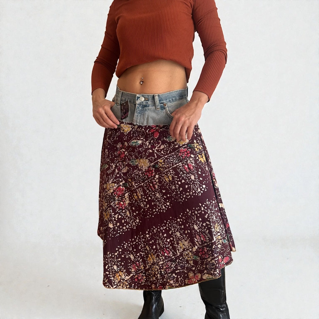 Vintage Y2K Denim & Batik Flare Skirt
