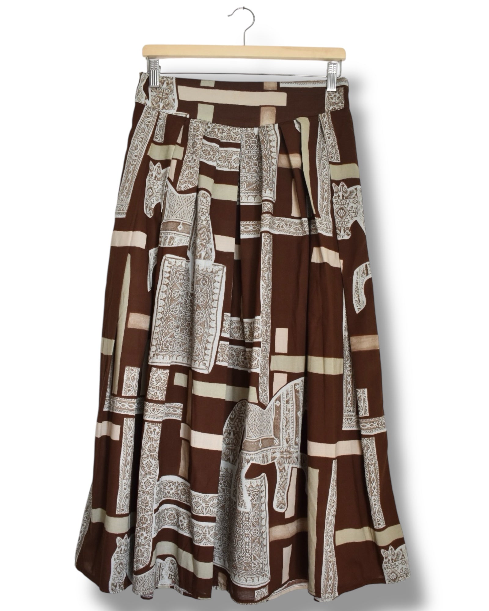 80s/90s Boho Midi Skirt – Brown Geometric & Horse Print