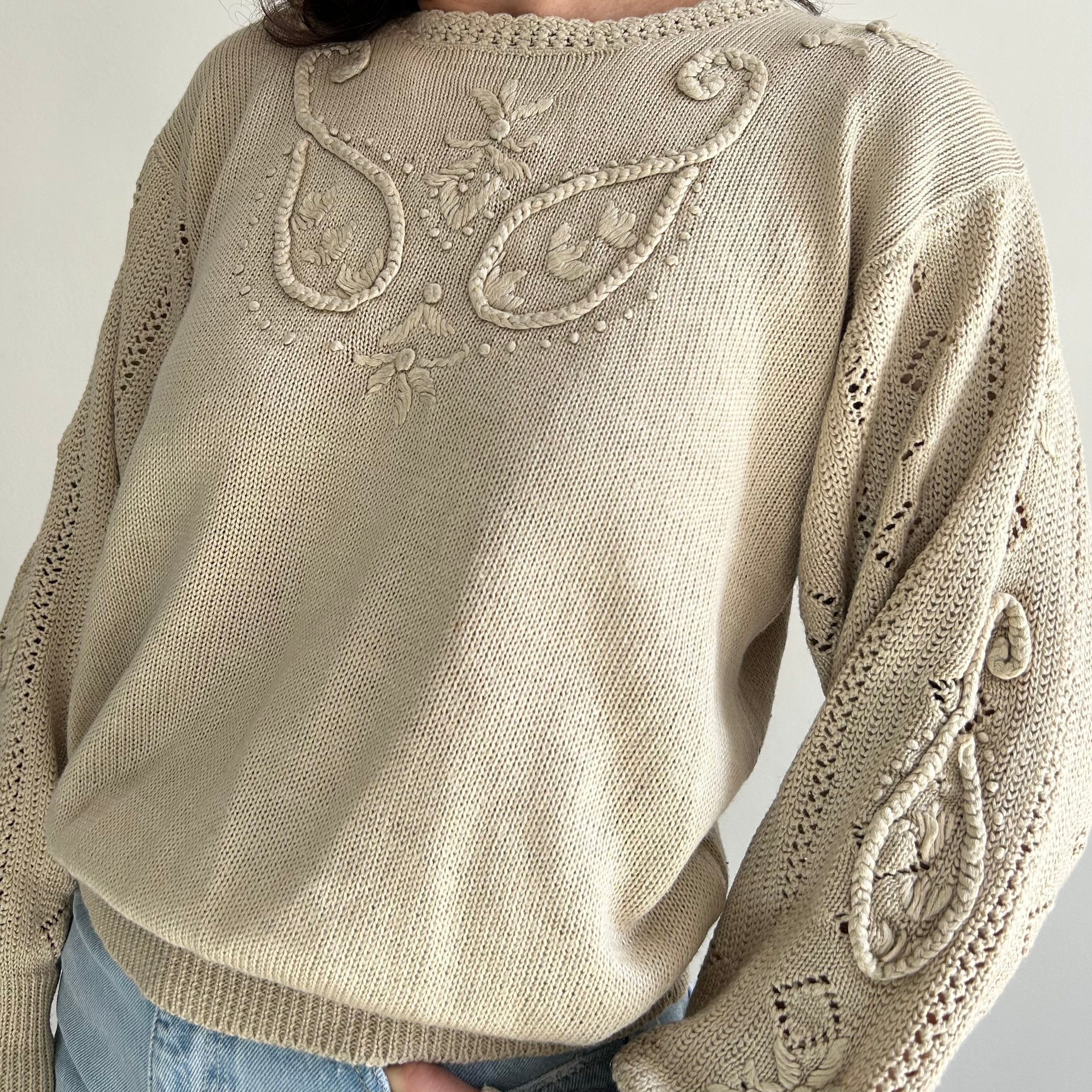 Vintage Warm Beige Crochet Detail Knit