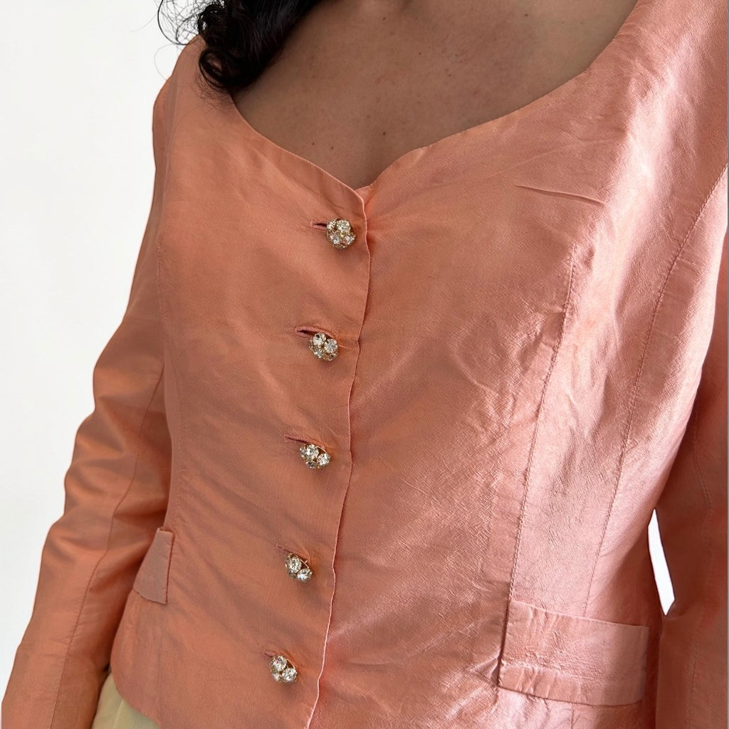 Vintage 80s Raw Silk Jacket with Rhinestone Buttons