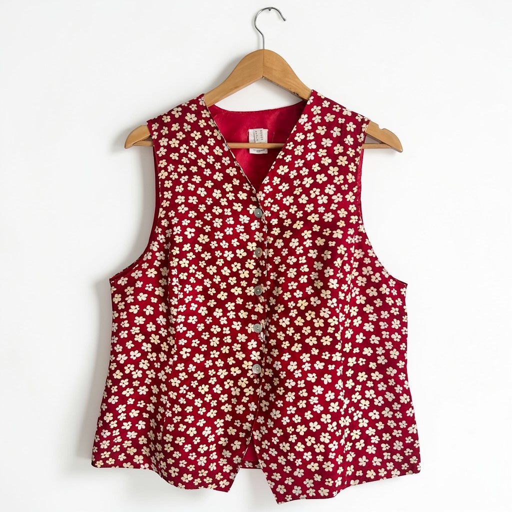 90s Ditsy Floral Print Vest • Red & Cream Button-Down Waistcoat