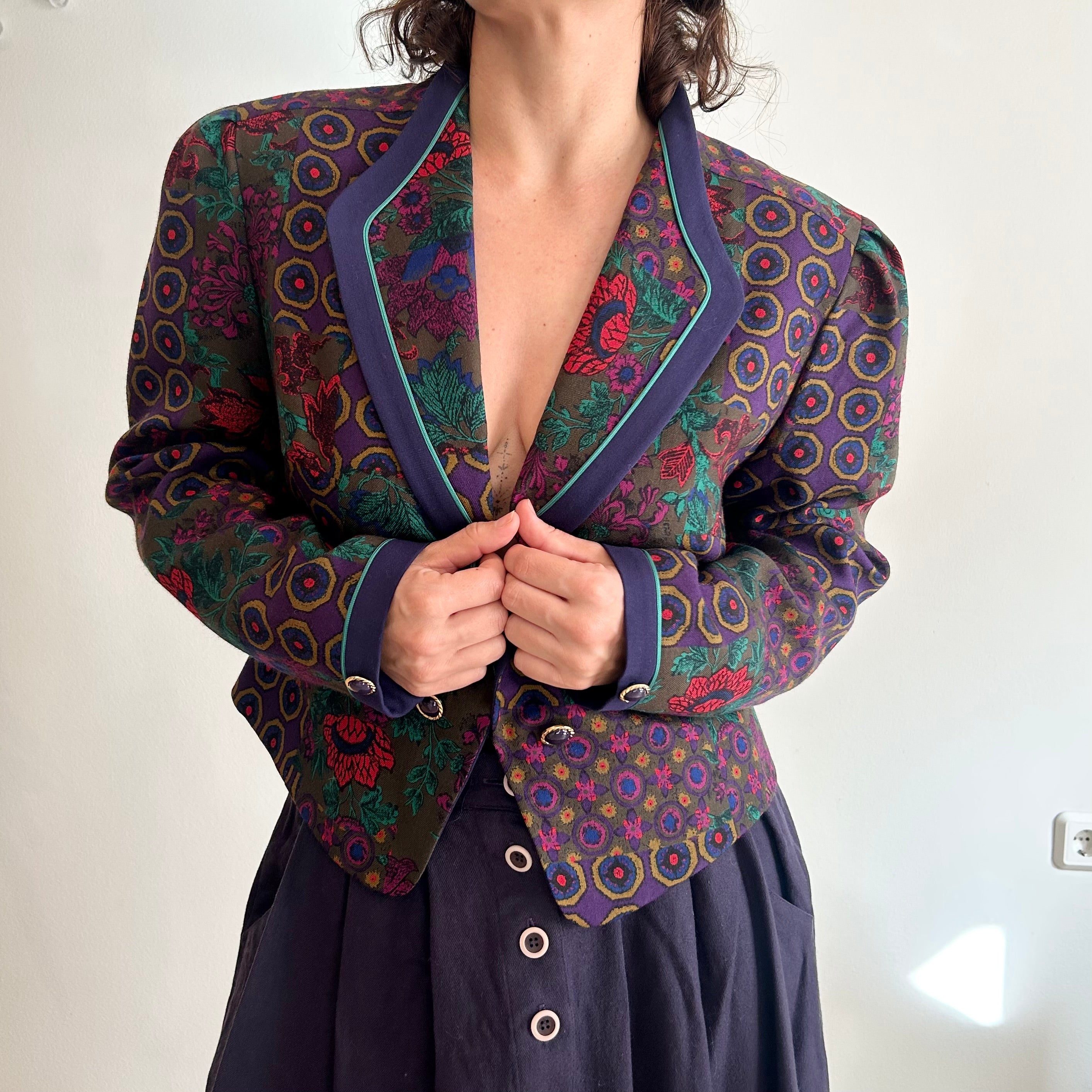 Vintage Maximalist Blazer – Dark Floral & Geometric Motif
