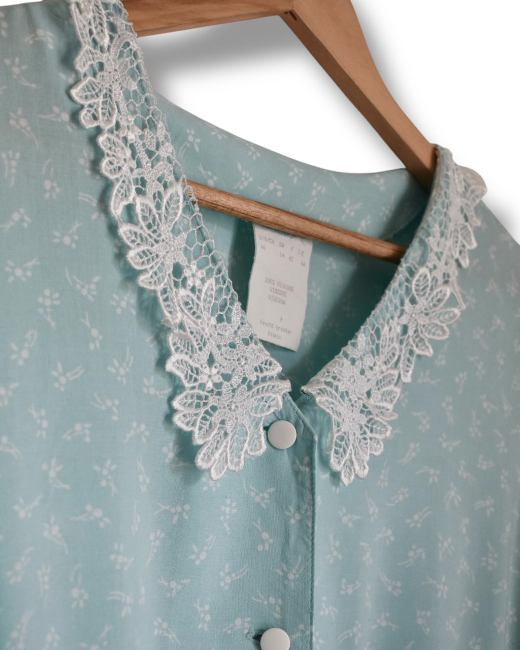 Vintage Aqua Green Viscose Jumpsuit with Lace Collar and Tiny White Floral Print