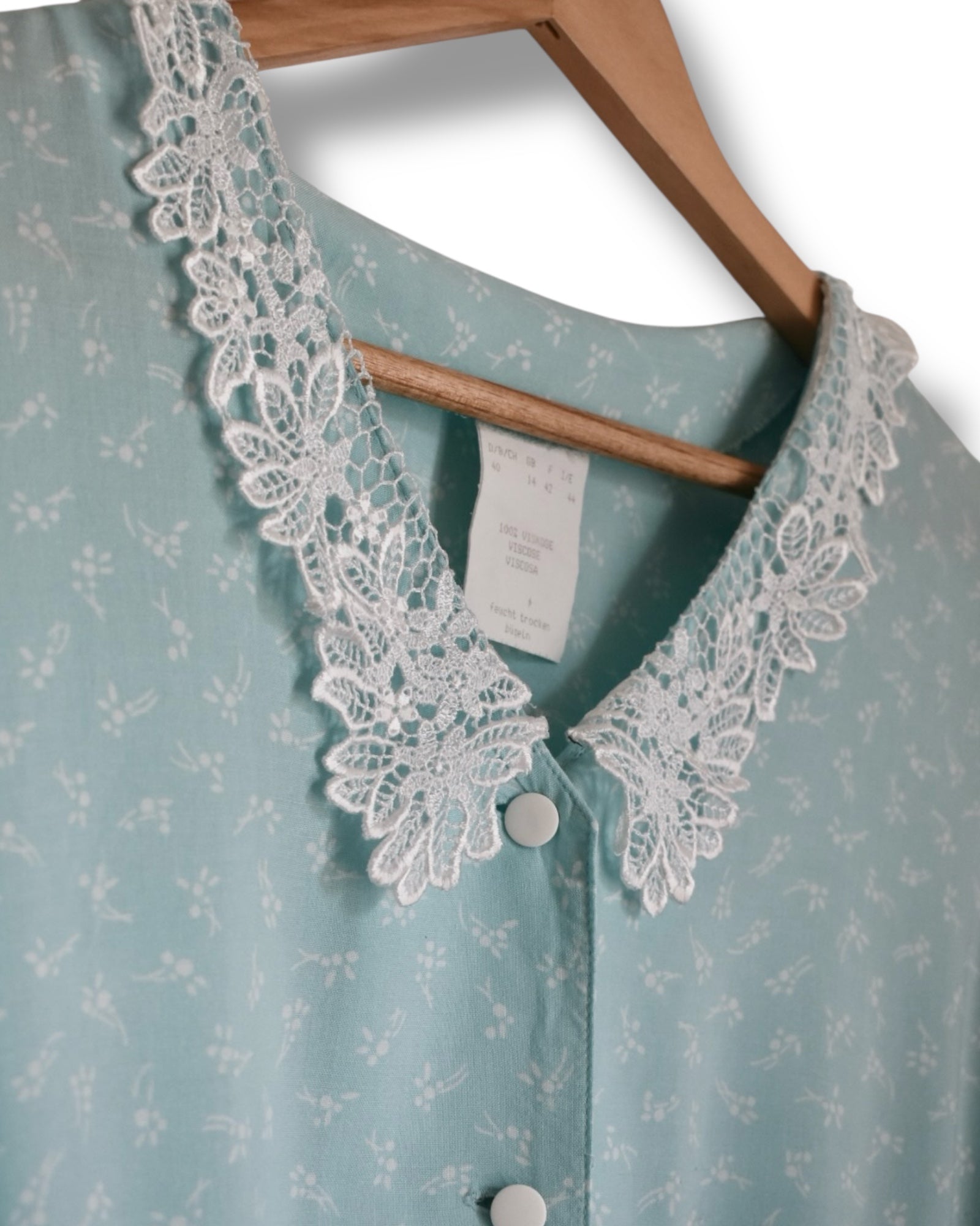 Vintage Aqua Green Viscose Jumpsuit with Lace Collar and Tiny White Floral Print