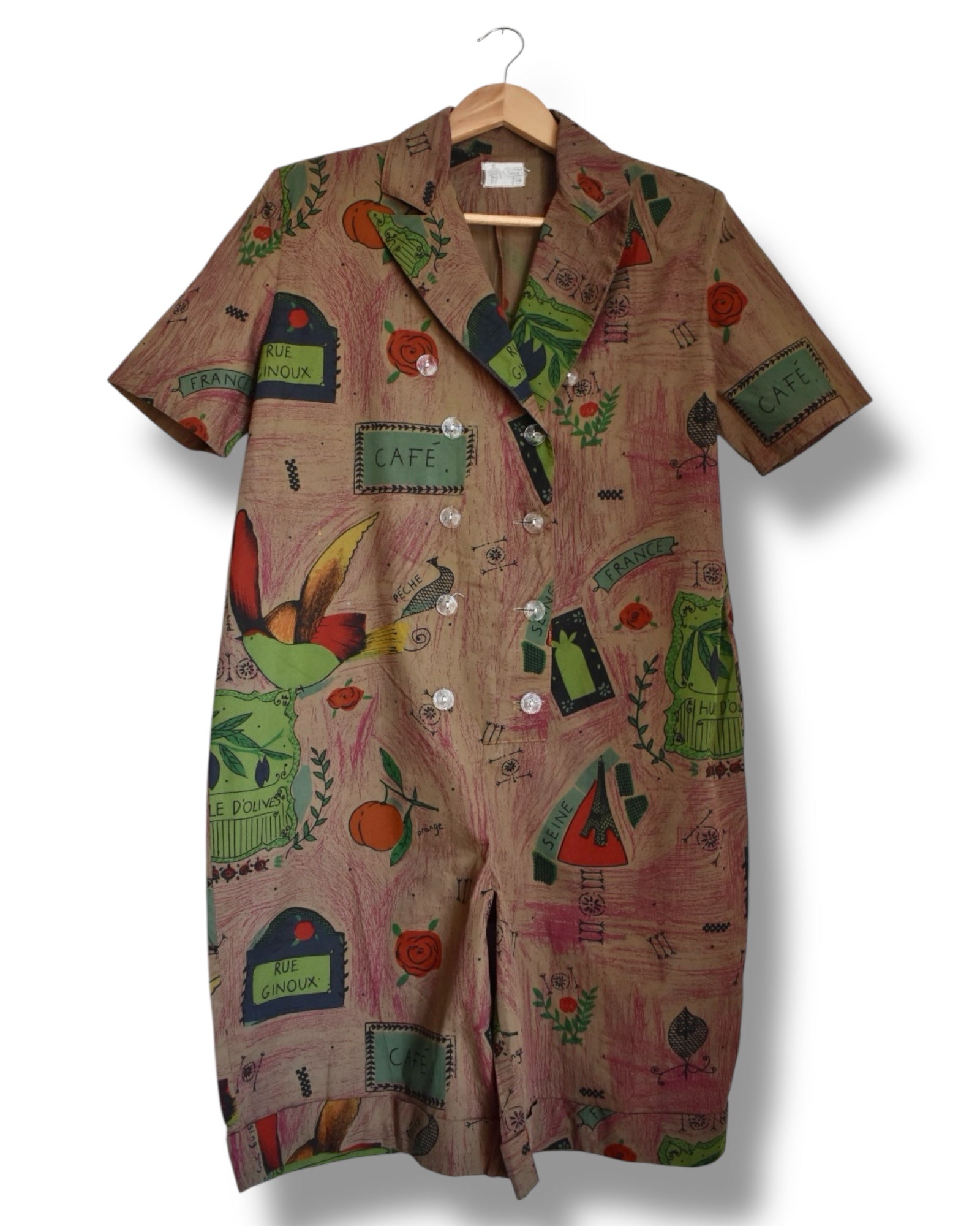 Vintage 80s Printed Jumpsuit – Oversized, Cotton, Shoulder Pads