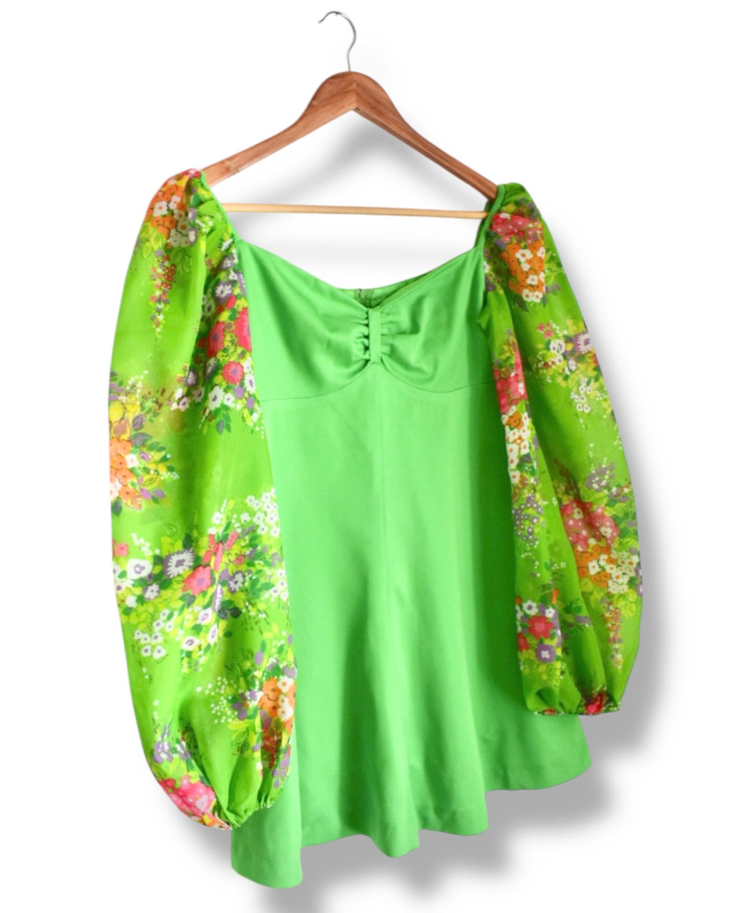 Vintage 1970s Green Mini Dress with Puffy Floral Sleeves