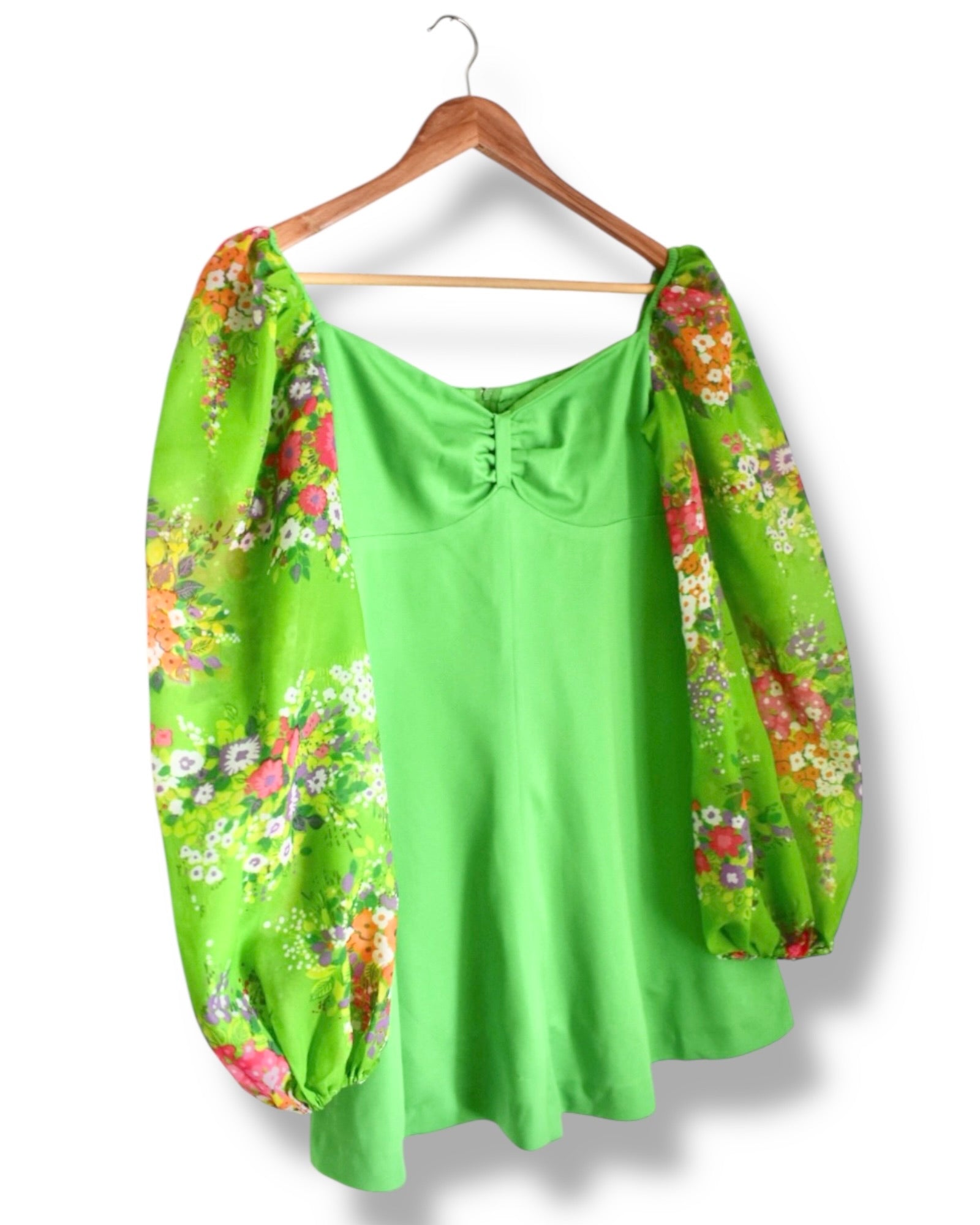 Vintage 1970s Green Mini Dress with Puffy Floral Sleeves