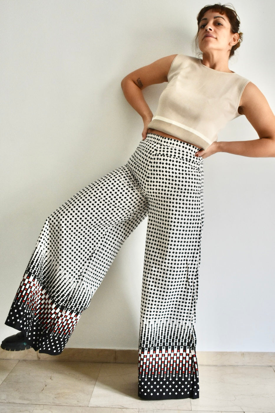Vintage Handmade 70s High-Waist Flared Pants with Geometric Print