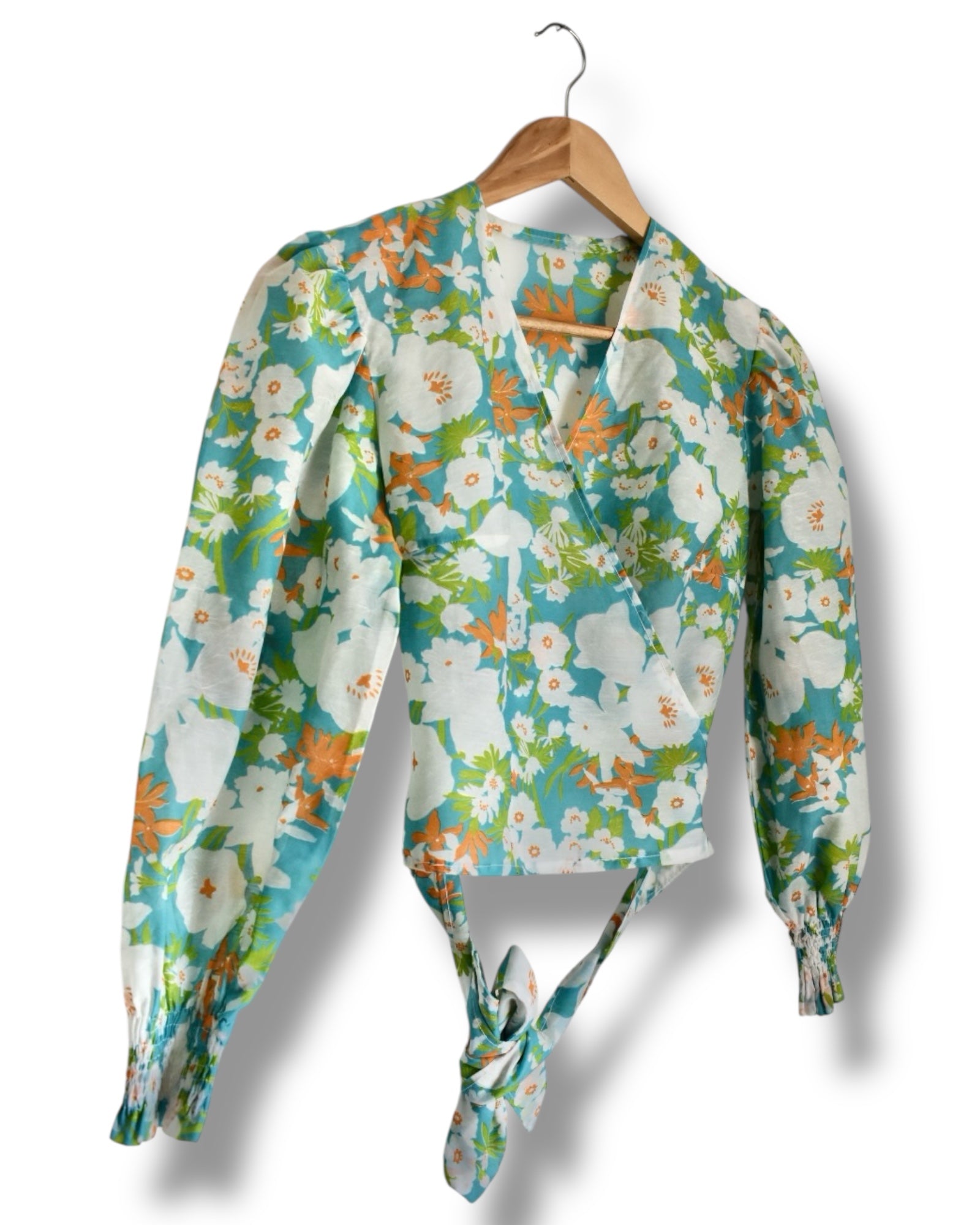 Vintage Handmade Wrap Blouse – Long Sleeve, Floral Print