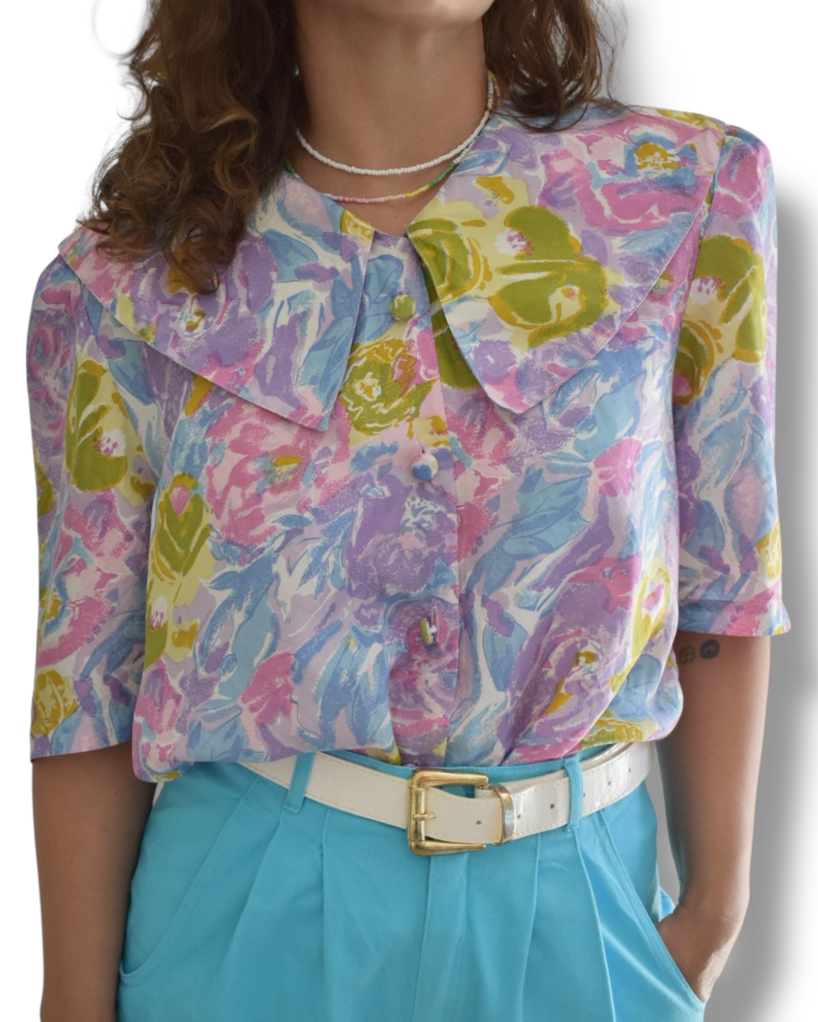 Vintage 1980s Silk Floral Blouse with Oversized Collar