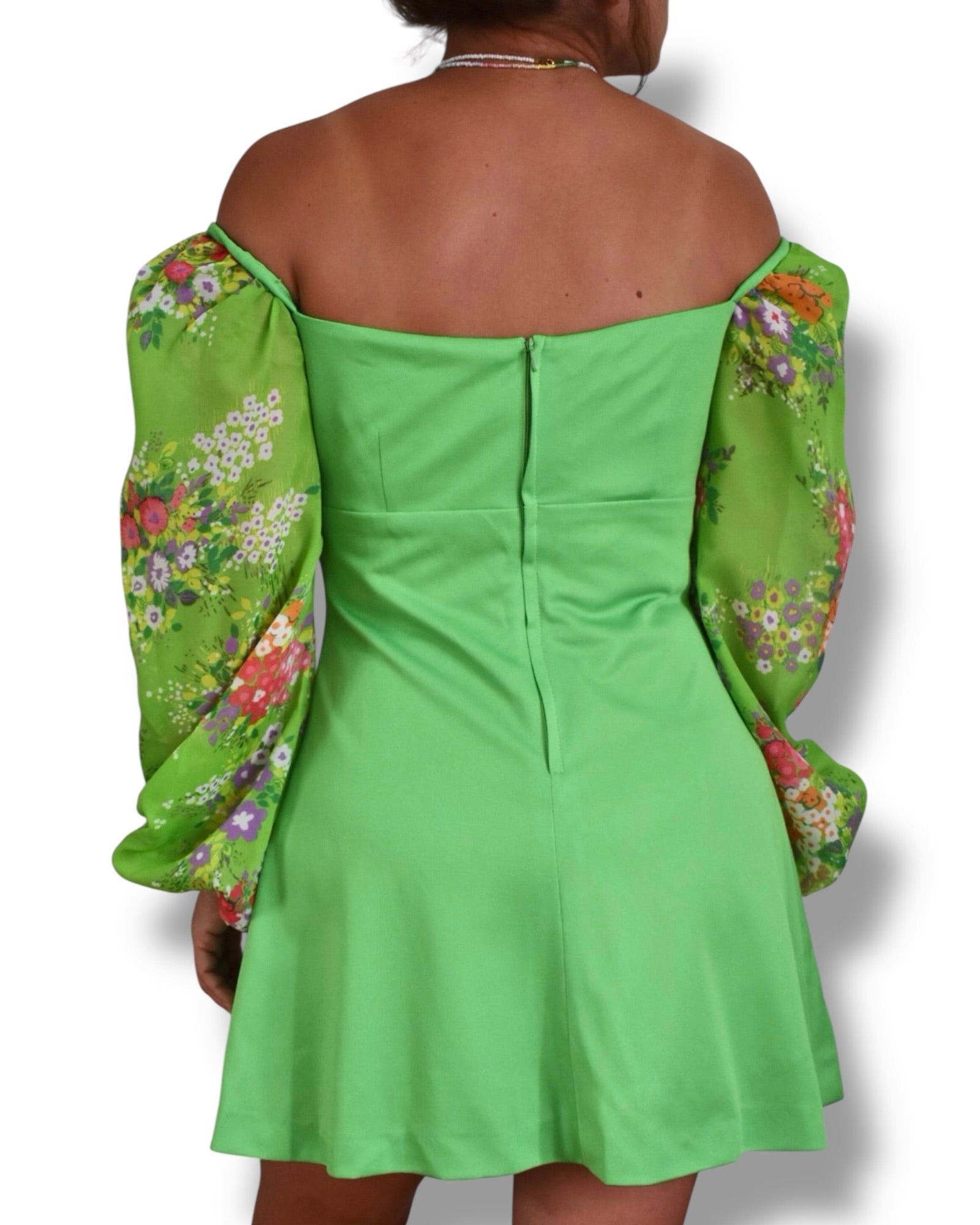Vintage 1970s Green Mini Dress with Puffy Floral Sleeves