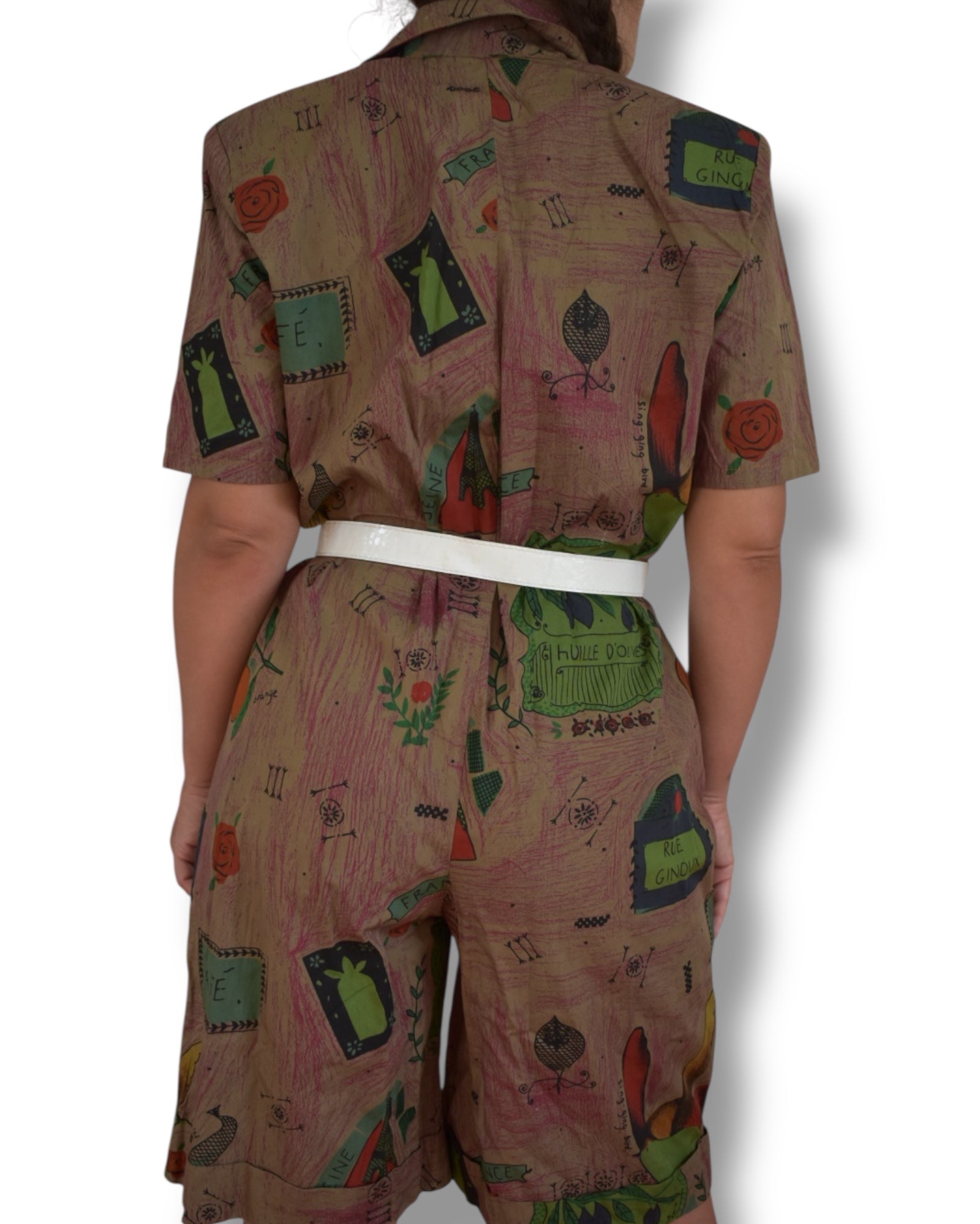 Vintage 80s Printed Jumpsuit – Oversized, Cotton, Shoulder Pads